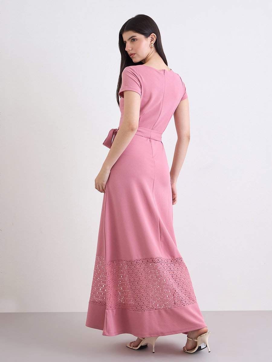 Pink A-Line Maxi Dress with Belt