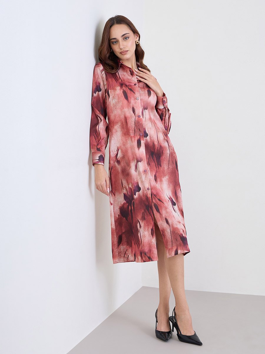 Abstract Print Buttoned Midi Shirt Dress