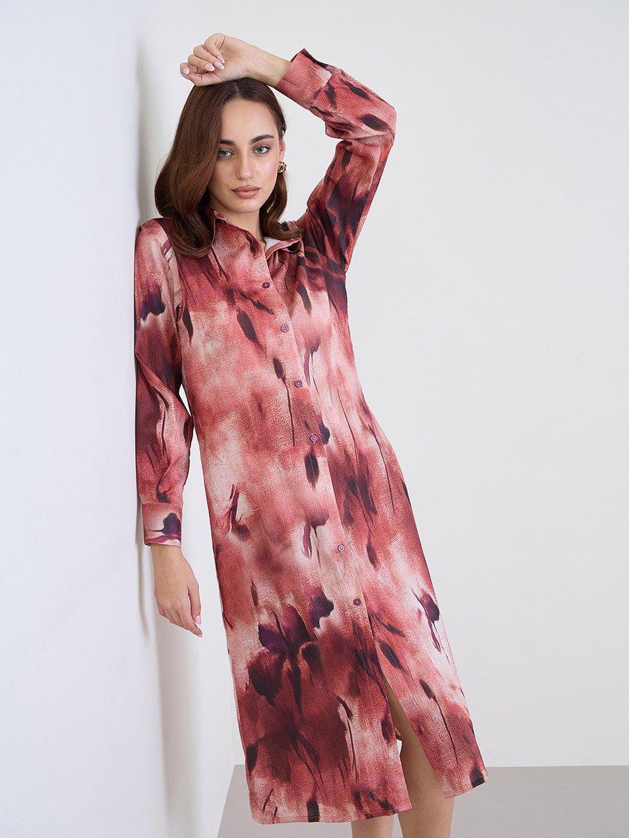 Abstract Print Buttoned Midi Shirt Dress