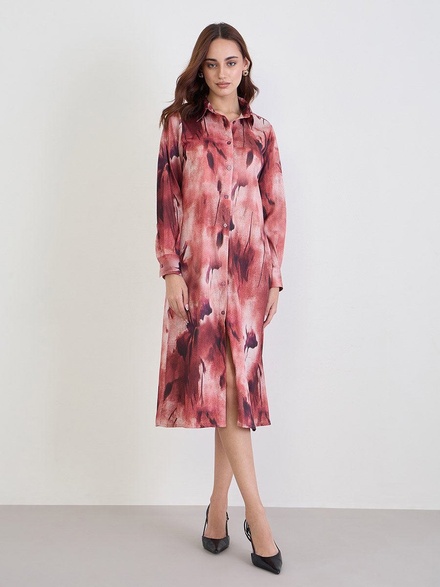 Abstract Print Buttoned Midi Shirt Dress