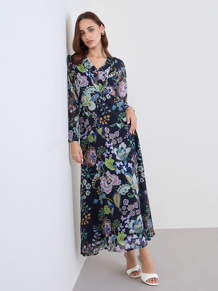 Floral Maxi Dress with Fold Pleat