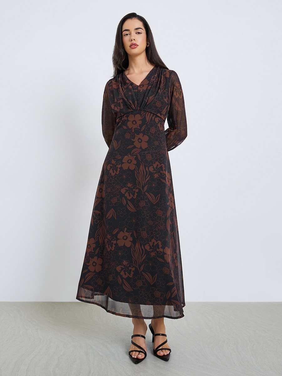 Floral Maxi Dress with Fold Pleat