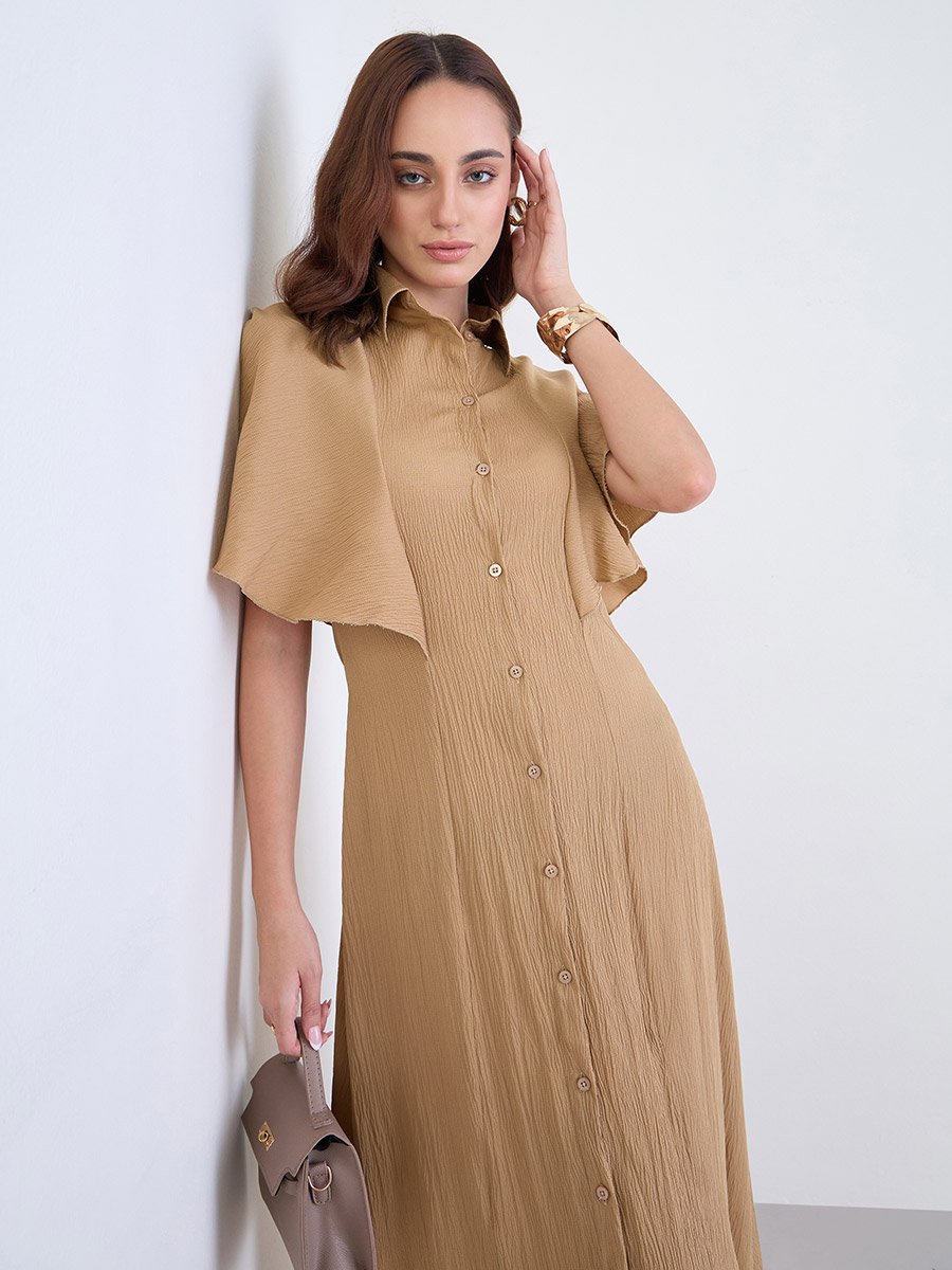 Brown Textured Shirt Maxi Dress For Women at Oman | Styli