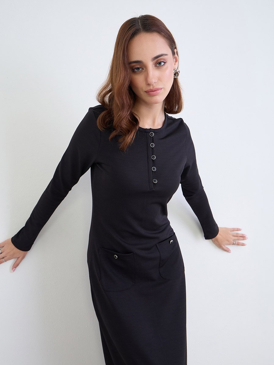 Black Ribbed Long Sleeve Midi Dress For Women at Saudi | Styli