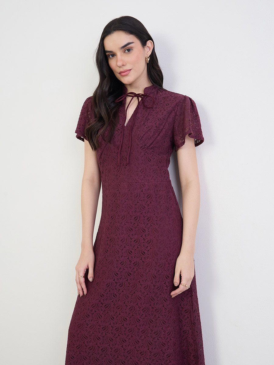 Maroon Lace Tie Neck Midi Dress