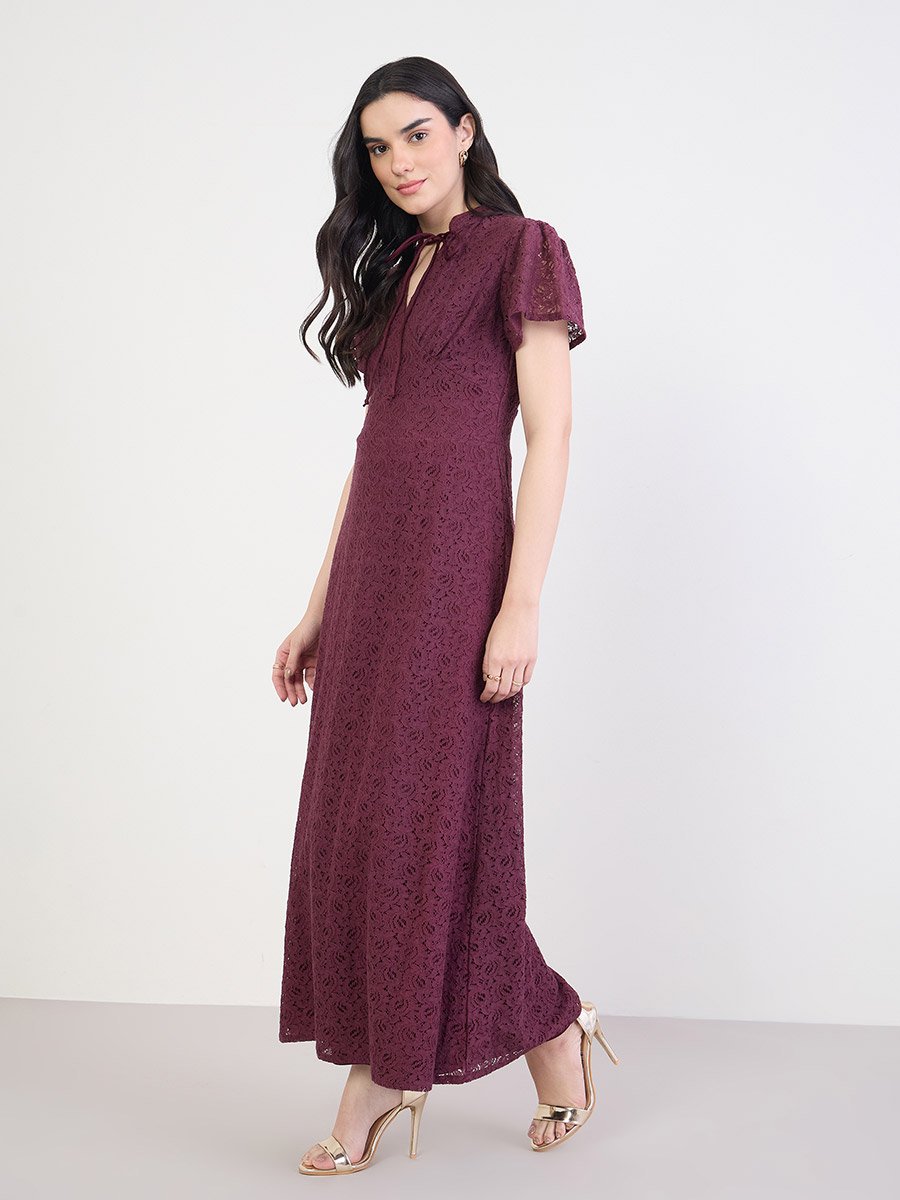 Maroon Lace Tie Neck Midi Dress