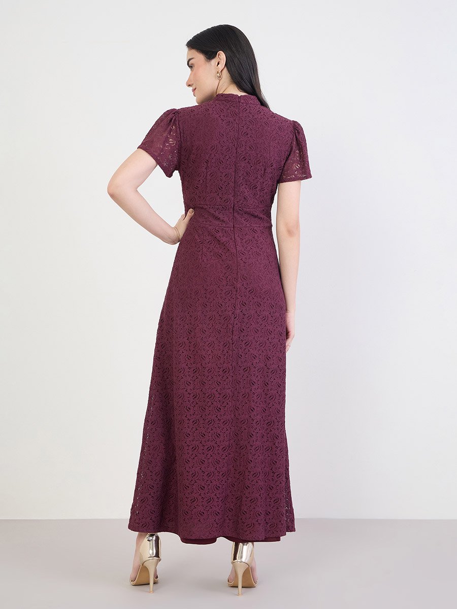 Maroon Lace Tie Neck Midi Dress
