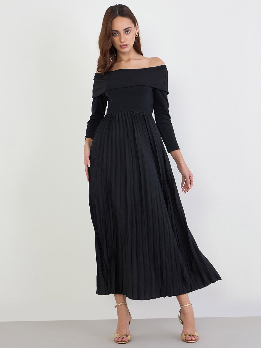 Black Off Shoulder Pleated Evening Maxi Dress