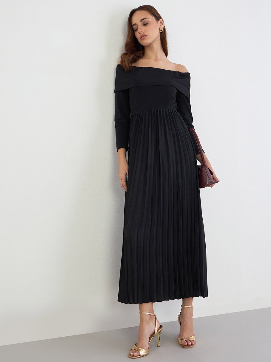 Black Off Shoulder Pleated Evening Maxi Dress