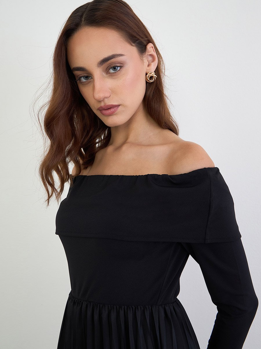 Black Off Shoulder Pleated Evening Maxi Dress