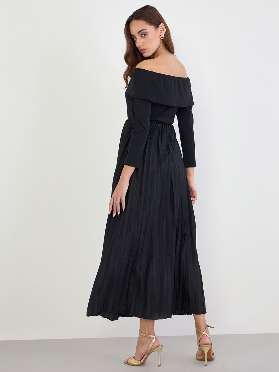 Black Off Shoulder Pleated Evening Maxi Dress