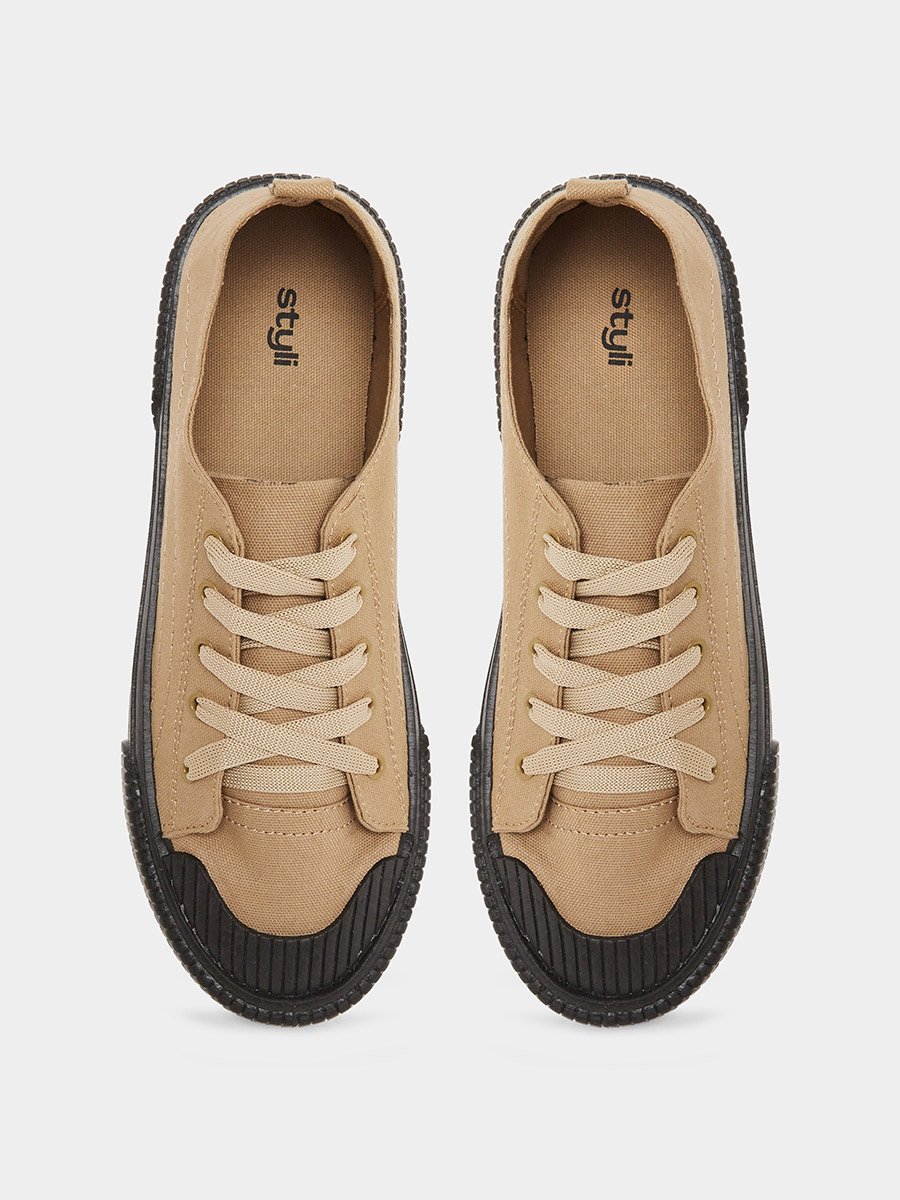 Men Beige Canvas Lace Up Sneakers