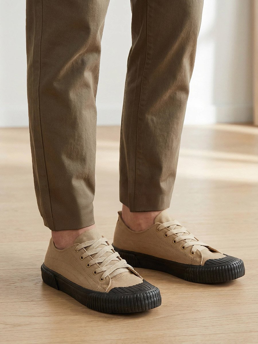Men Beige Canvas Lace Up Sneakers