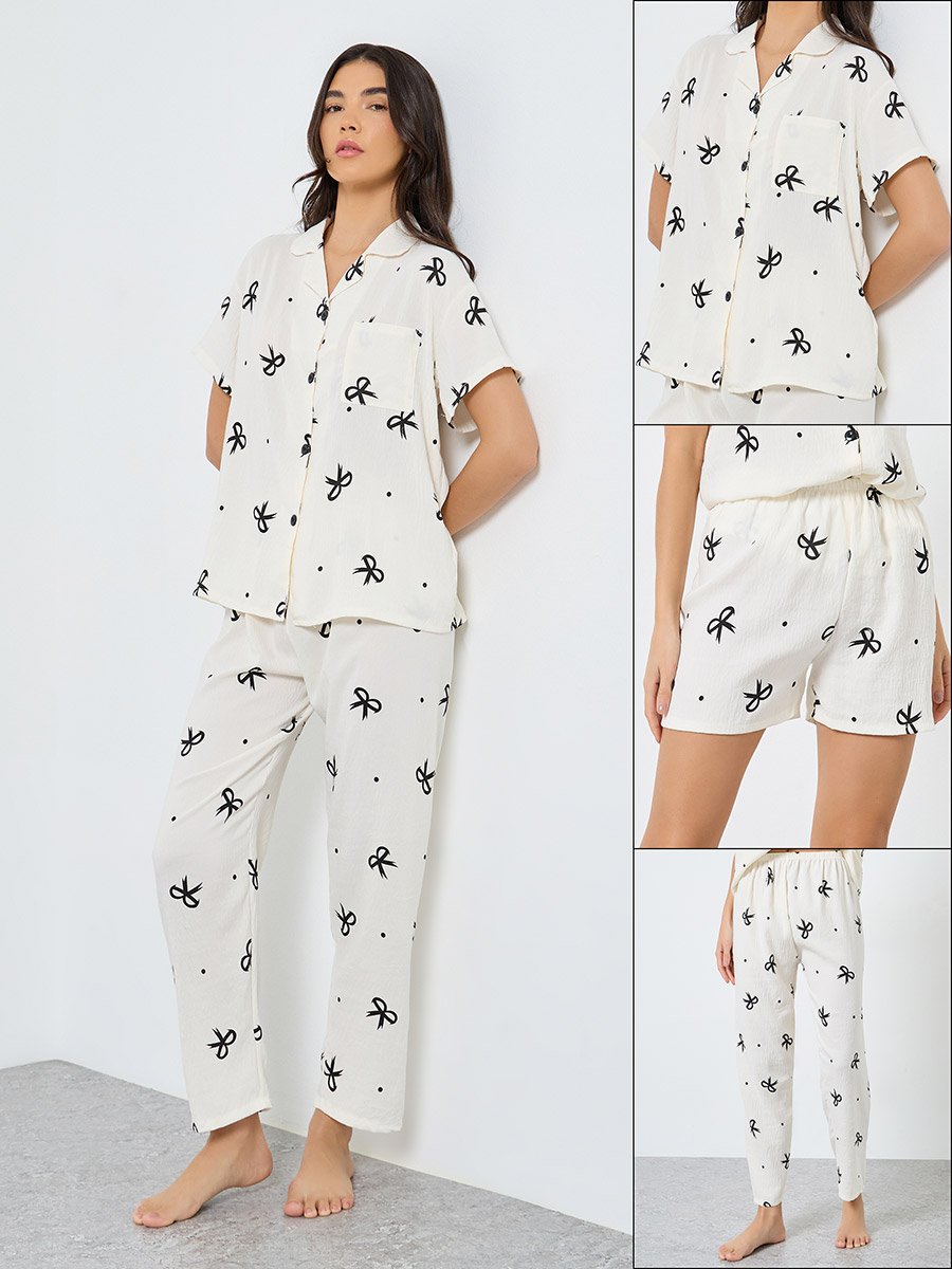 Pack of 3 - Bow Print Cotton Shirt, Shorts and Pyjama