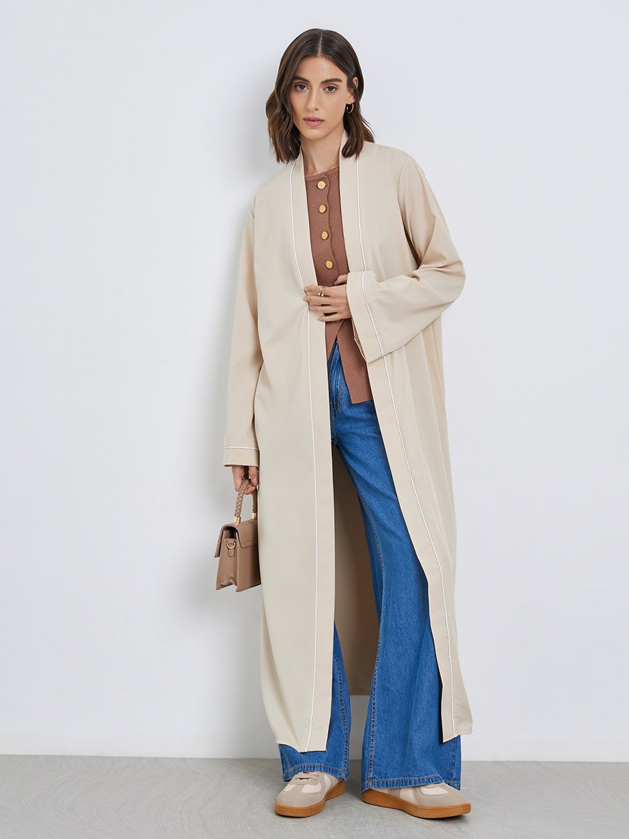Women Beige Front Open Kimono with Pipping Detail