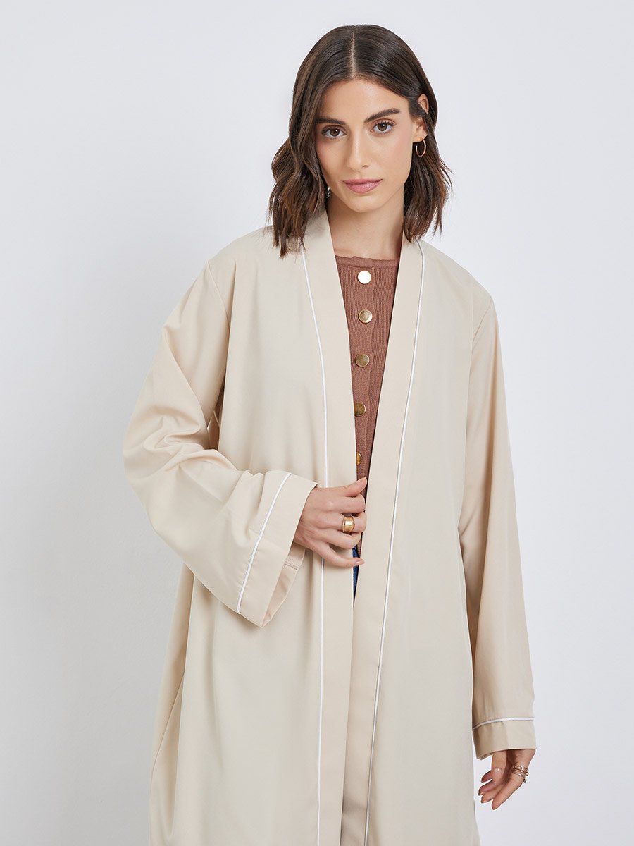 Women Beige Front Open Kimono with Pipping Detail