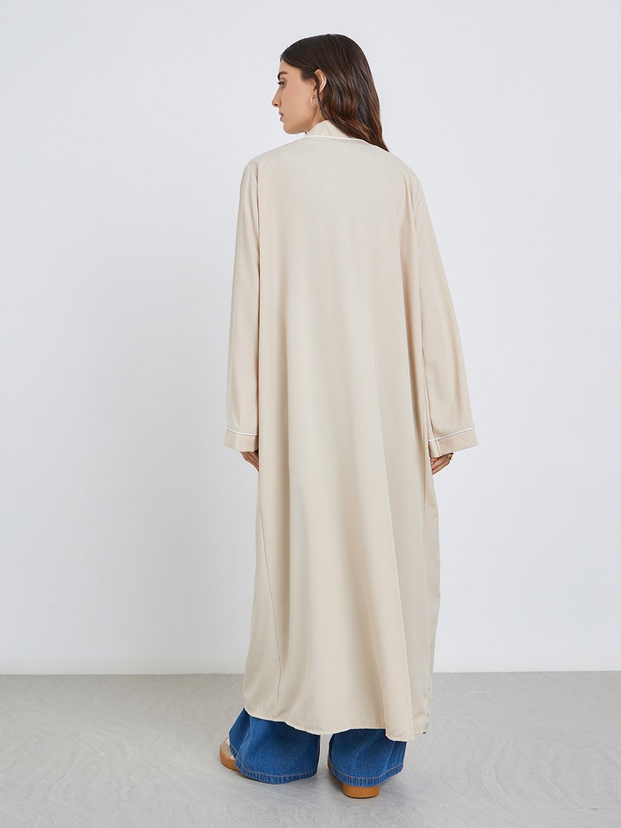 Women Beige Front Open Kimono with Pipping Detail