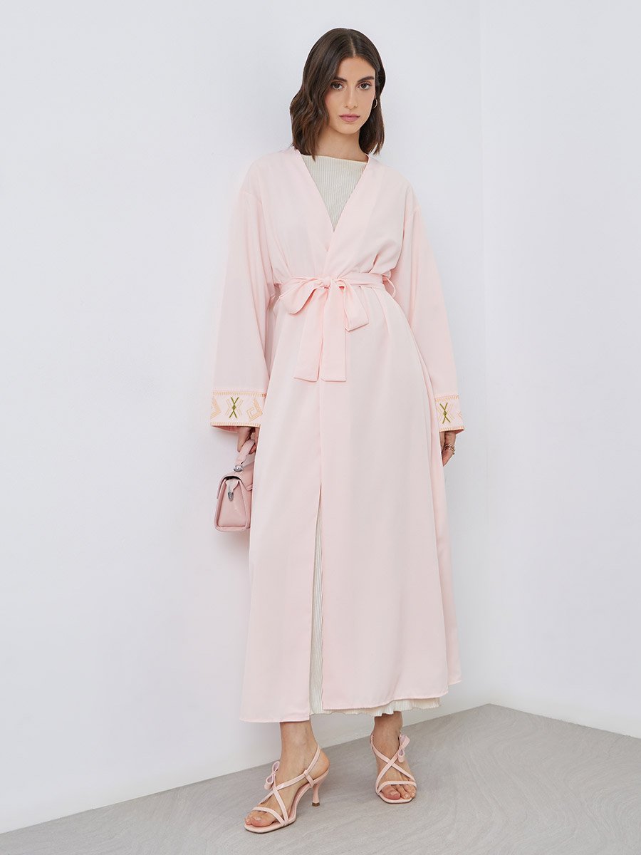 Women Peach Embroidered Detail Long Sleeve Kimono with Tie