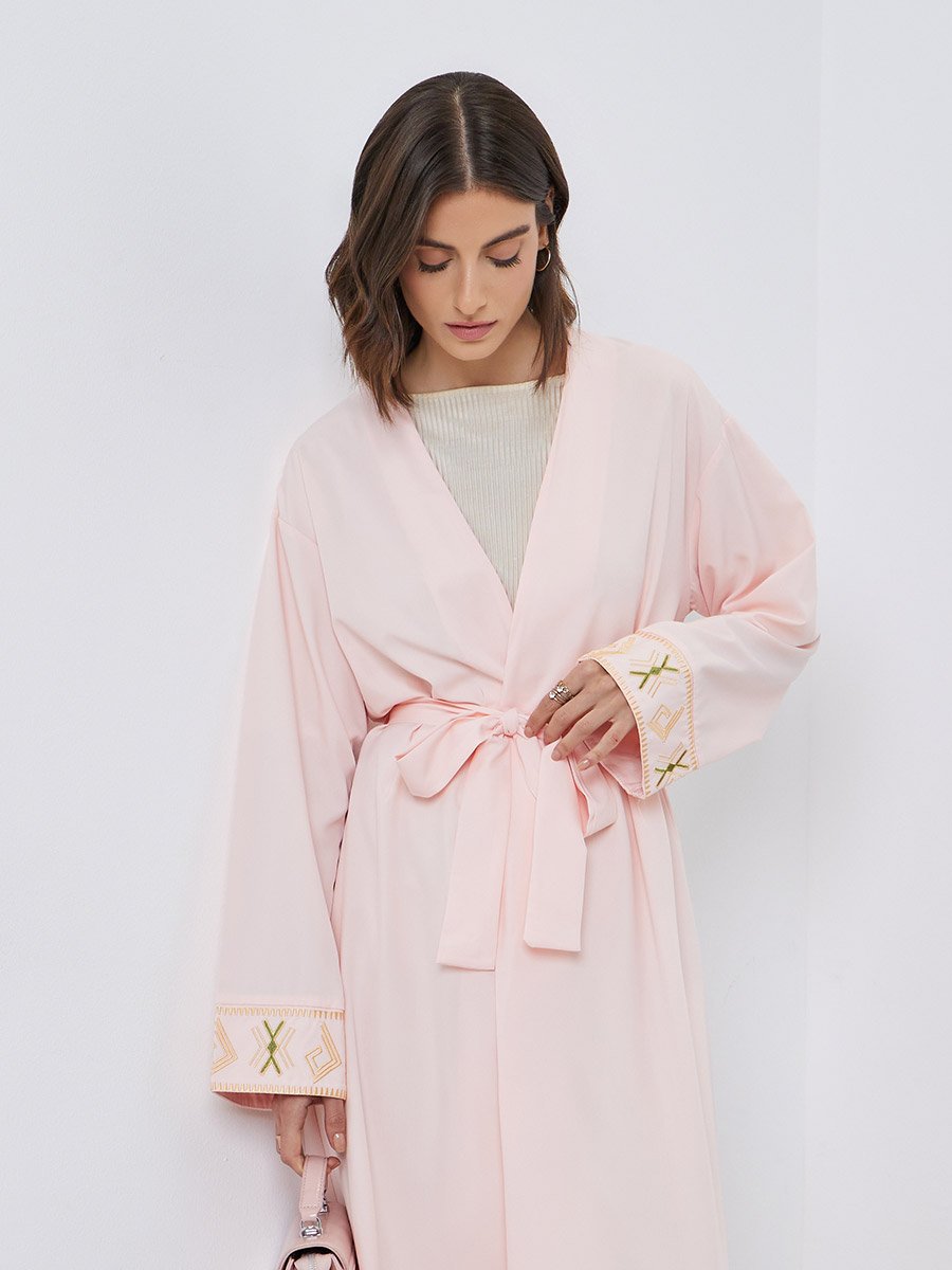 Women Peach Embroidered Detail Long Sleeve Kimono with Tie