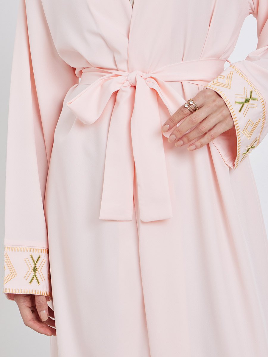 Women Peach Embroidered Detail Long Sleeve Kimono with Tie