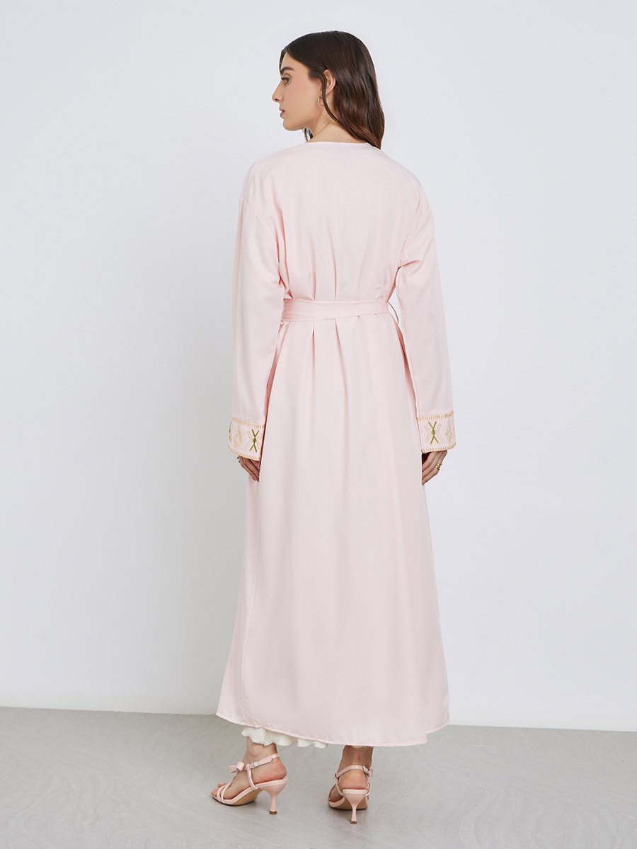 Women Peach Embroidered Detail Long Sleeve Kimono with Tie