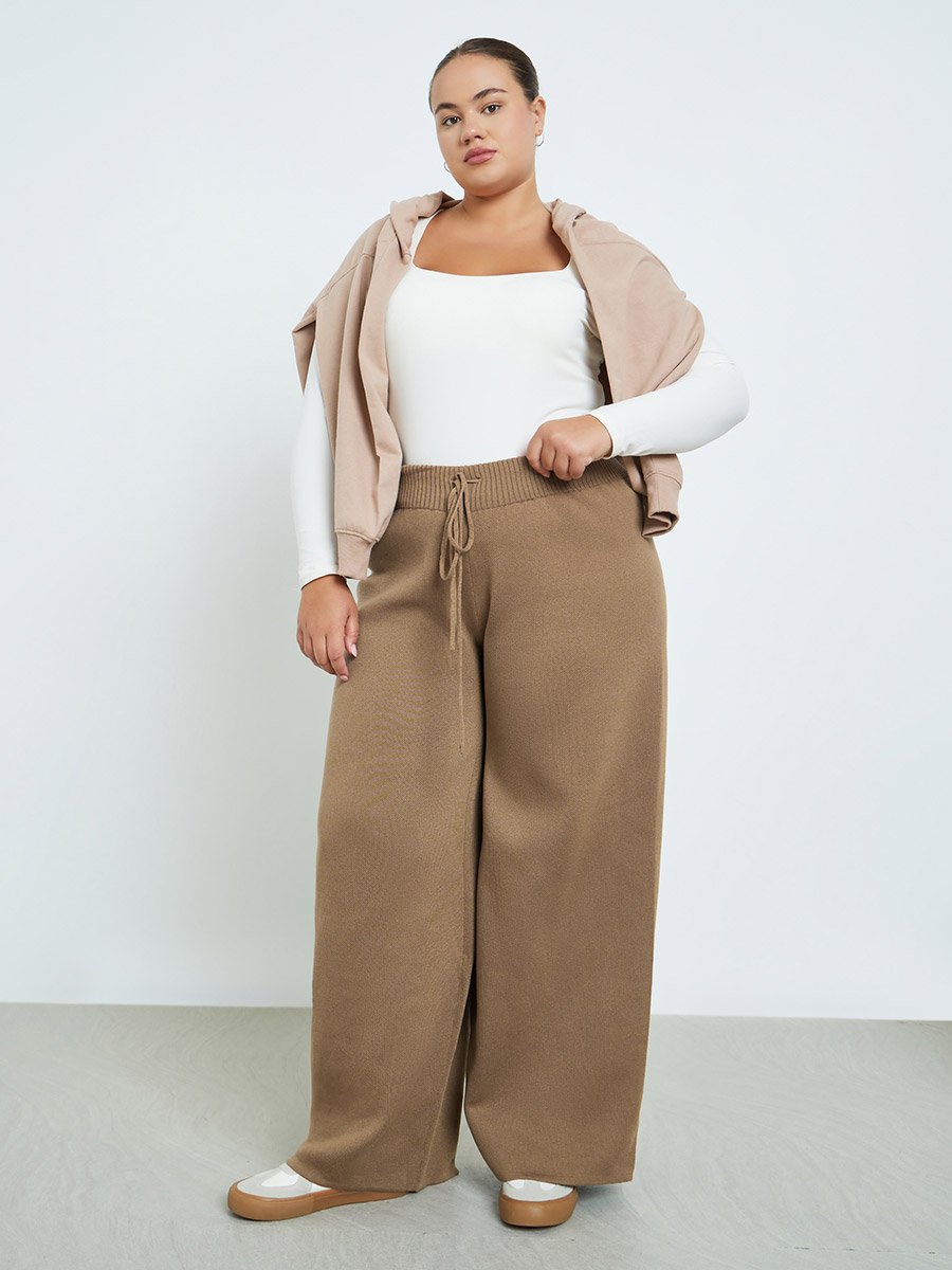 Plus Size Flat Knit Wide Leg Trousers