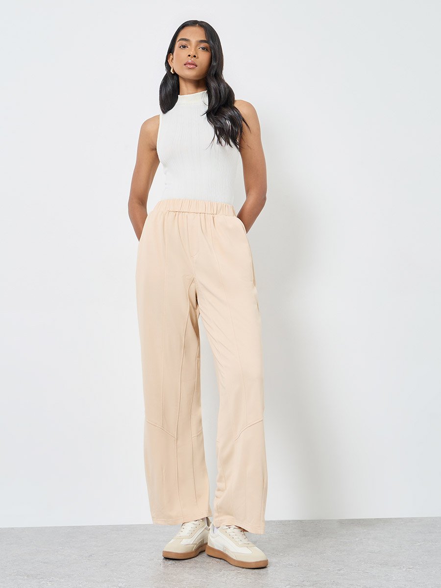 Beige Plain Joggers with Elastic Waist