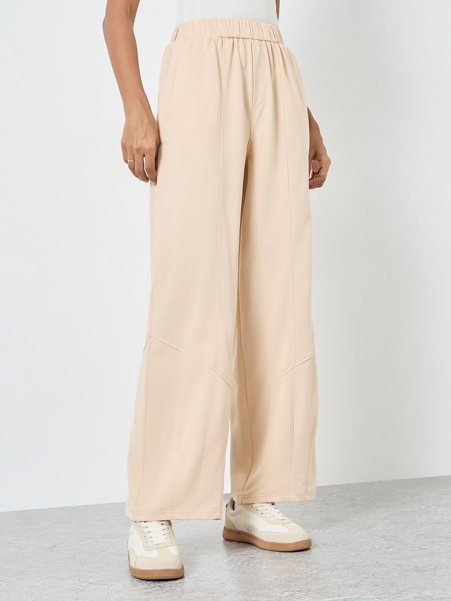 Beige Plain Joggers with Elastic Waist