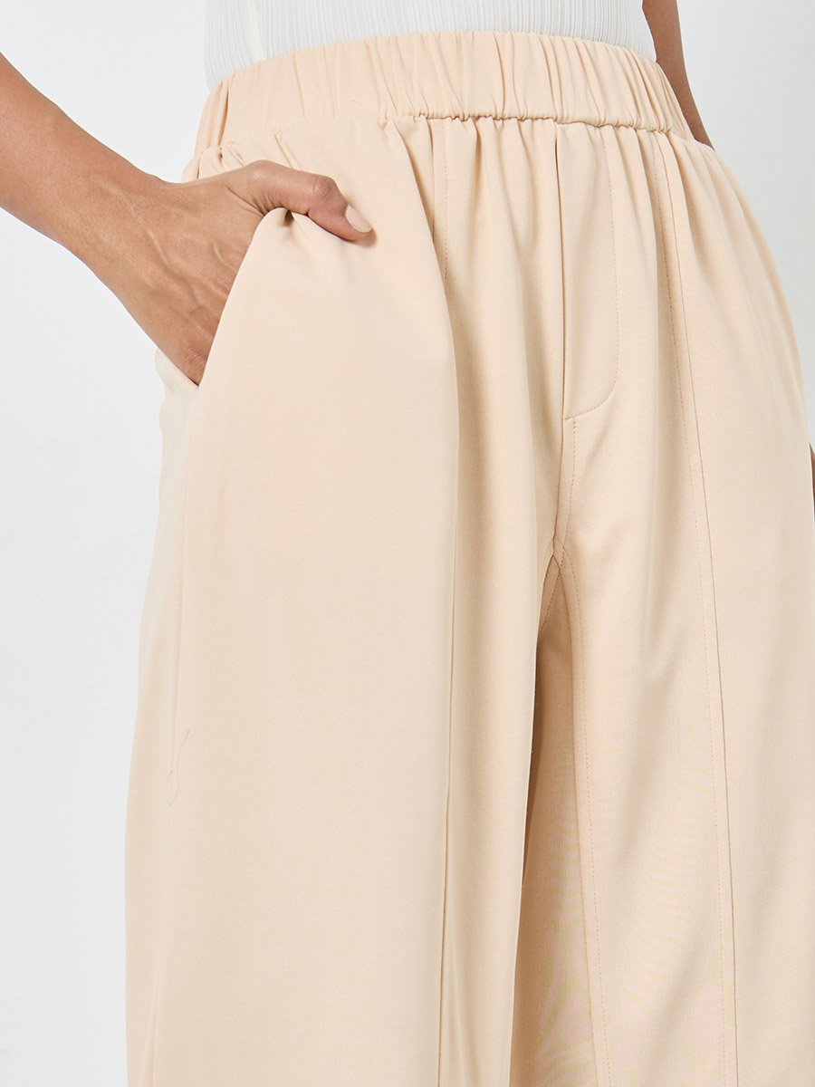 Beige Plain Joggers with Elastic Waist