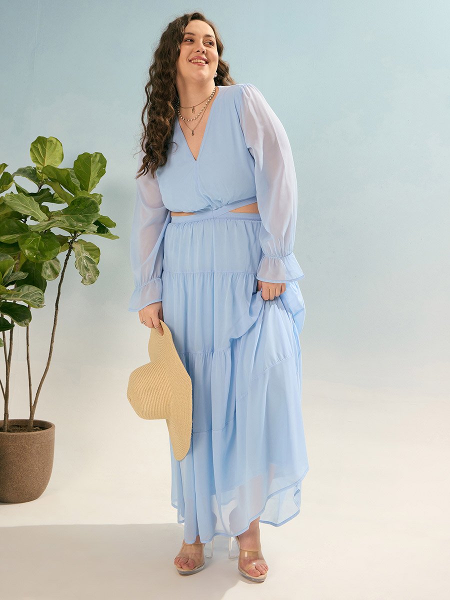 Plus Blue Solid Waist Cut-Out Maxi Dress