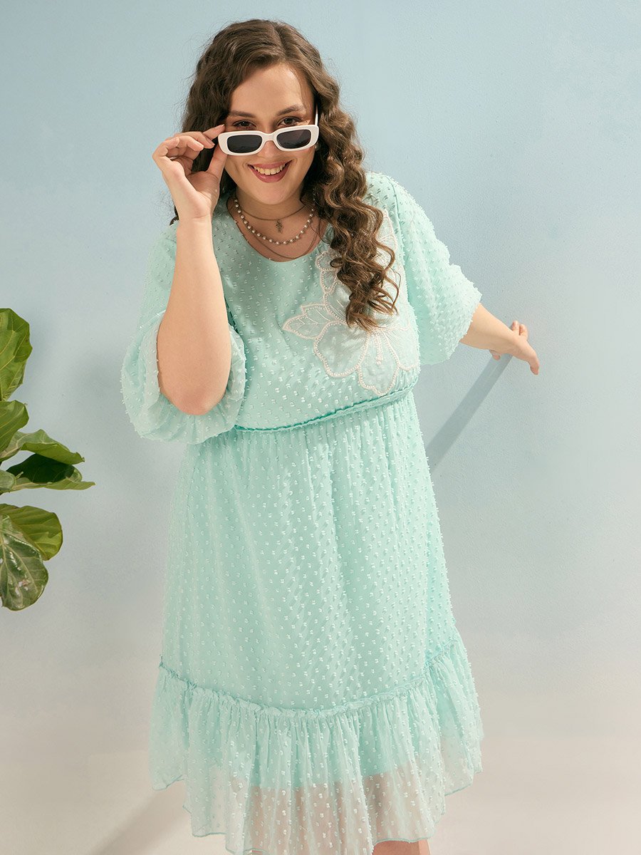 Plus Green Dobby Skater Dress with Applique