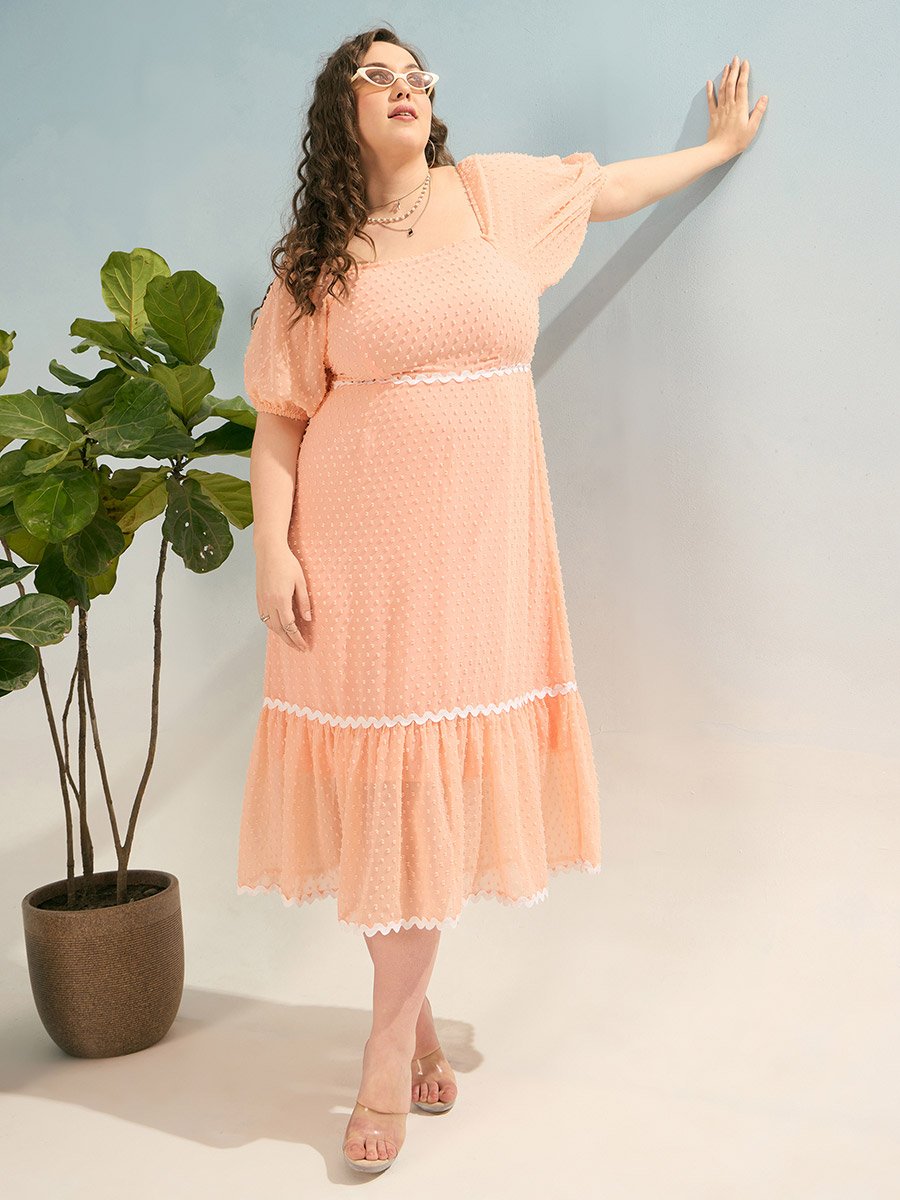 Plus Peach Dobby Smocked Midi Dress