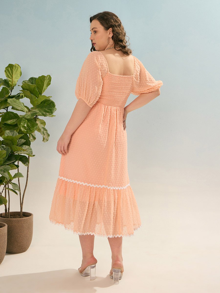 Plus Peach Dobby Smocked Midi Dress