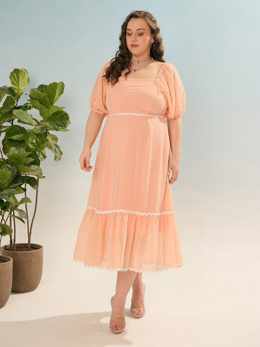 Plus Peach Dobby Smocked Midi Dress