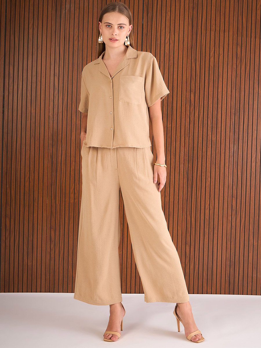 Beige Notch Lapel Collar Shirt and Straight Pants Co-Ords