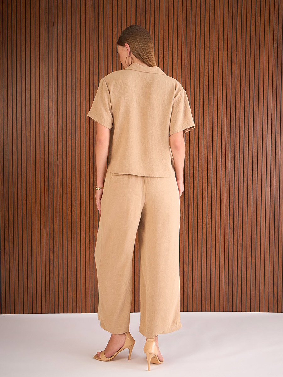 Beige Notch Lapel Collar Shirt and Straight Pants Co-Ords