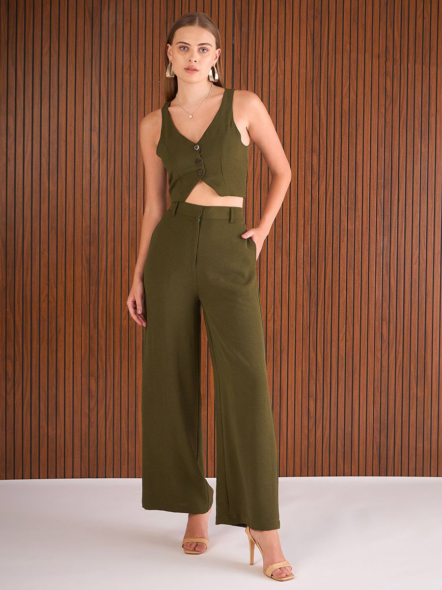 Olive Crop Waistcoat and Straight Pants Co-Ords