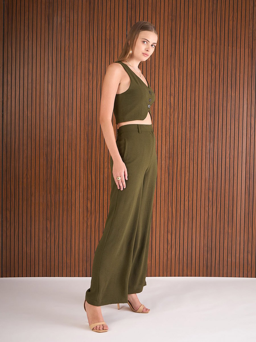 Olive Crop Waistcoat and Straight Pants Co-Ords