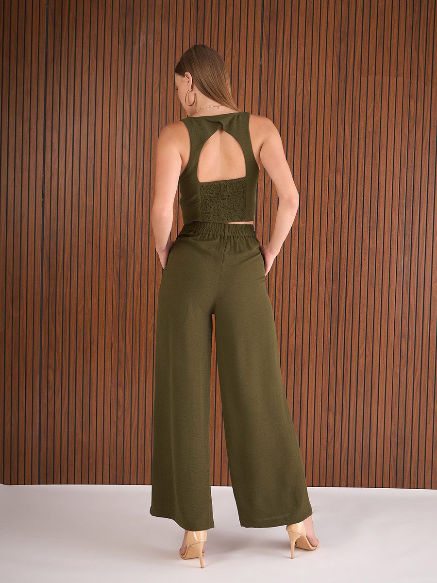Olive Crop Waistcoat and Straight Pants Co-Ords