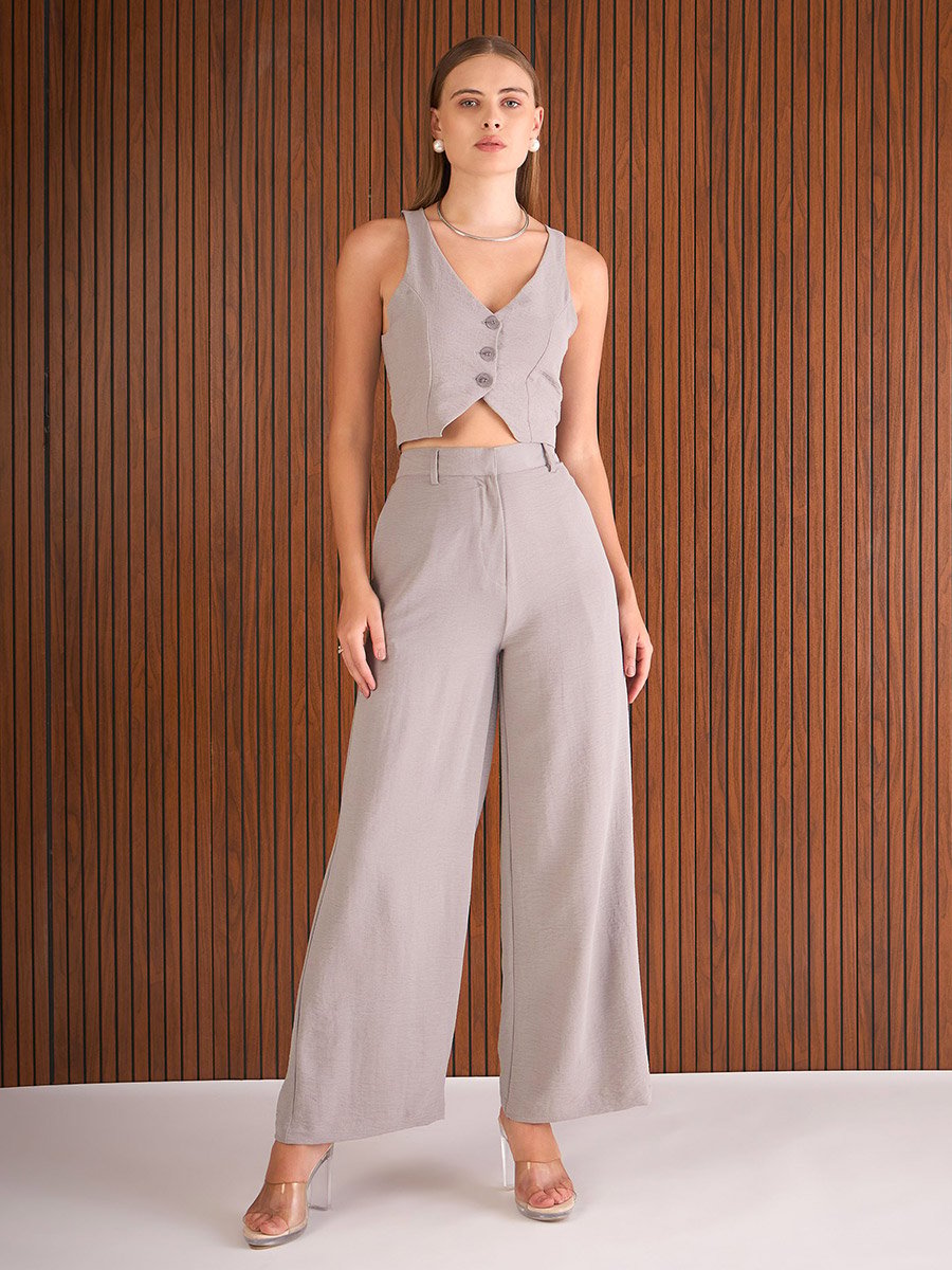 Grey Crop Waistcoat and Straight Pants Co-Ords