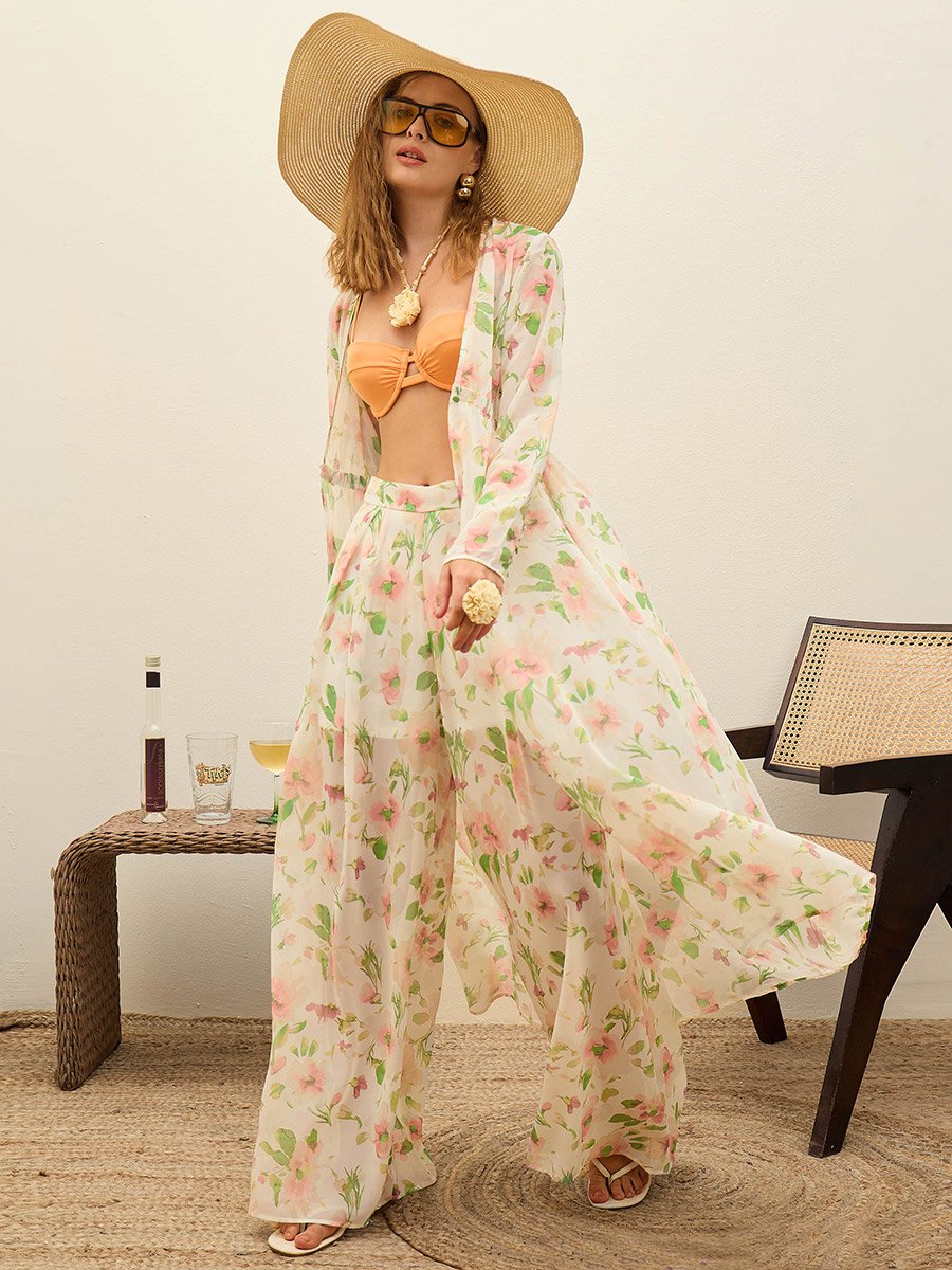 White Floral Long Top and Wide Leg Pants Co-Ords