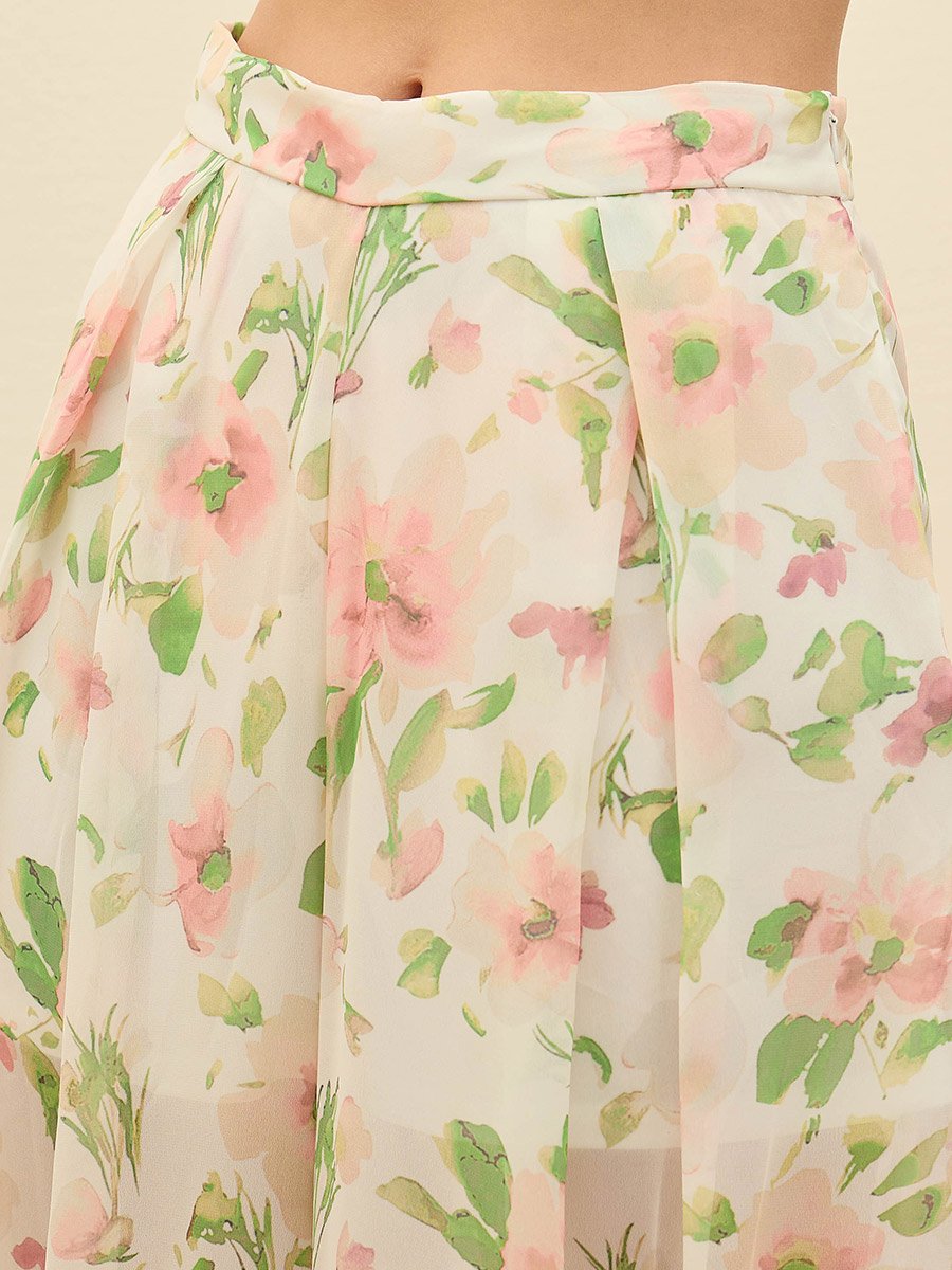 White Floral Long Top and Wide Leg Pants Co-Ords