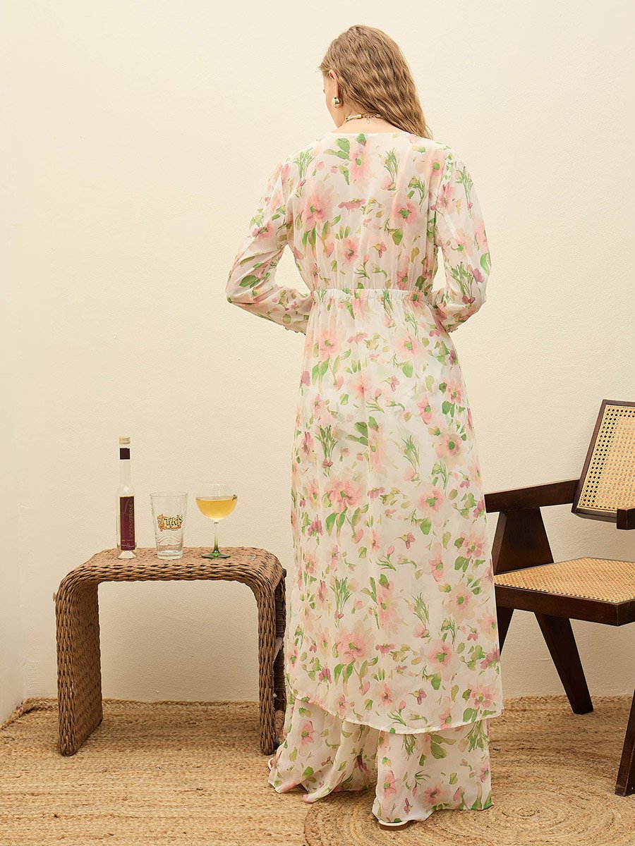 White Floral Long Top and Wide Leg Pants Co-Ords
