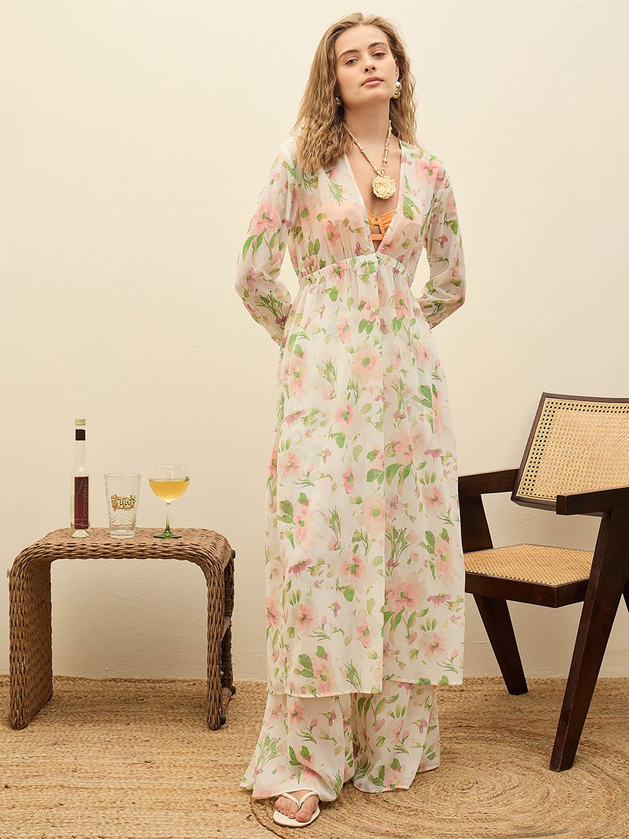 White Floral Long Top and Wide Leg Pants Co-Ords