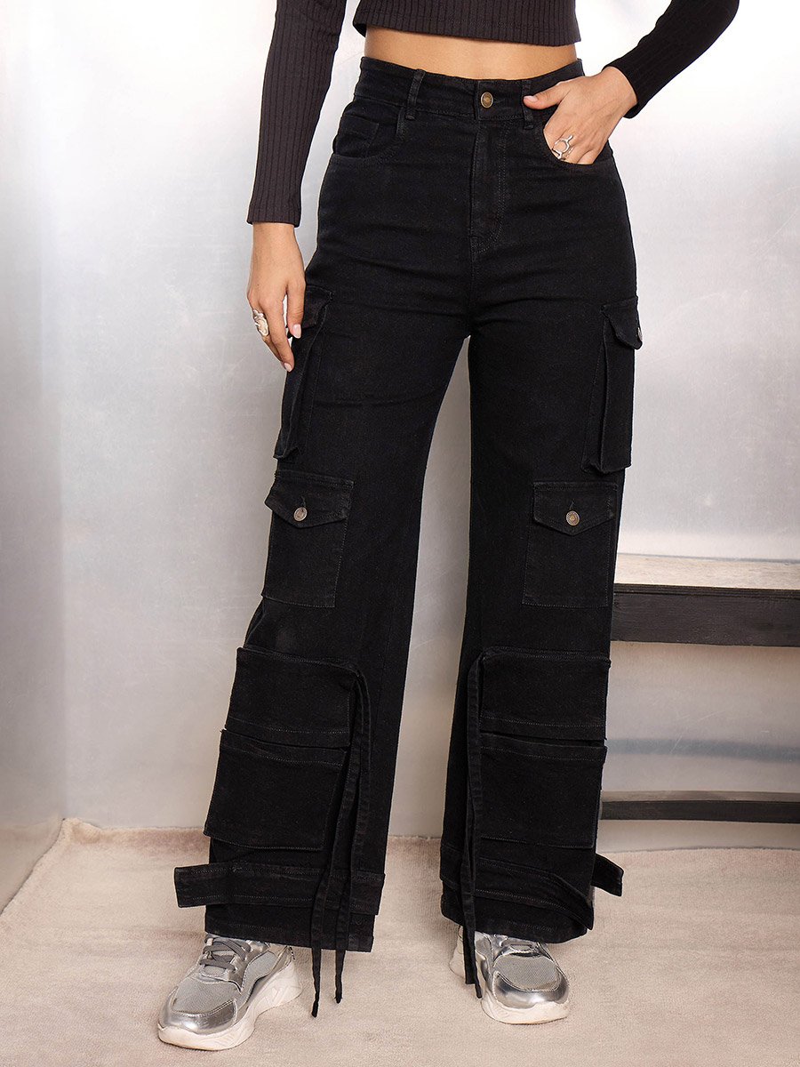 Black Multi Pocket Cargo Jeans