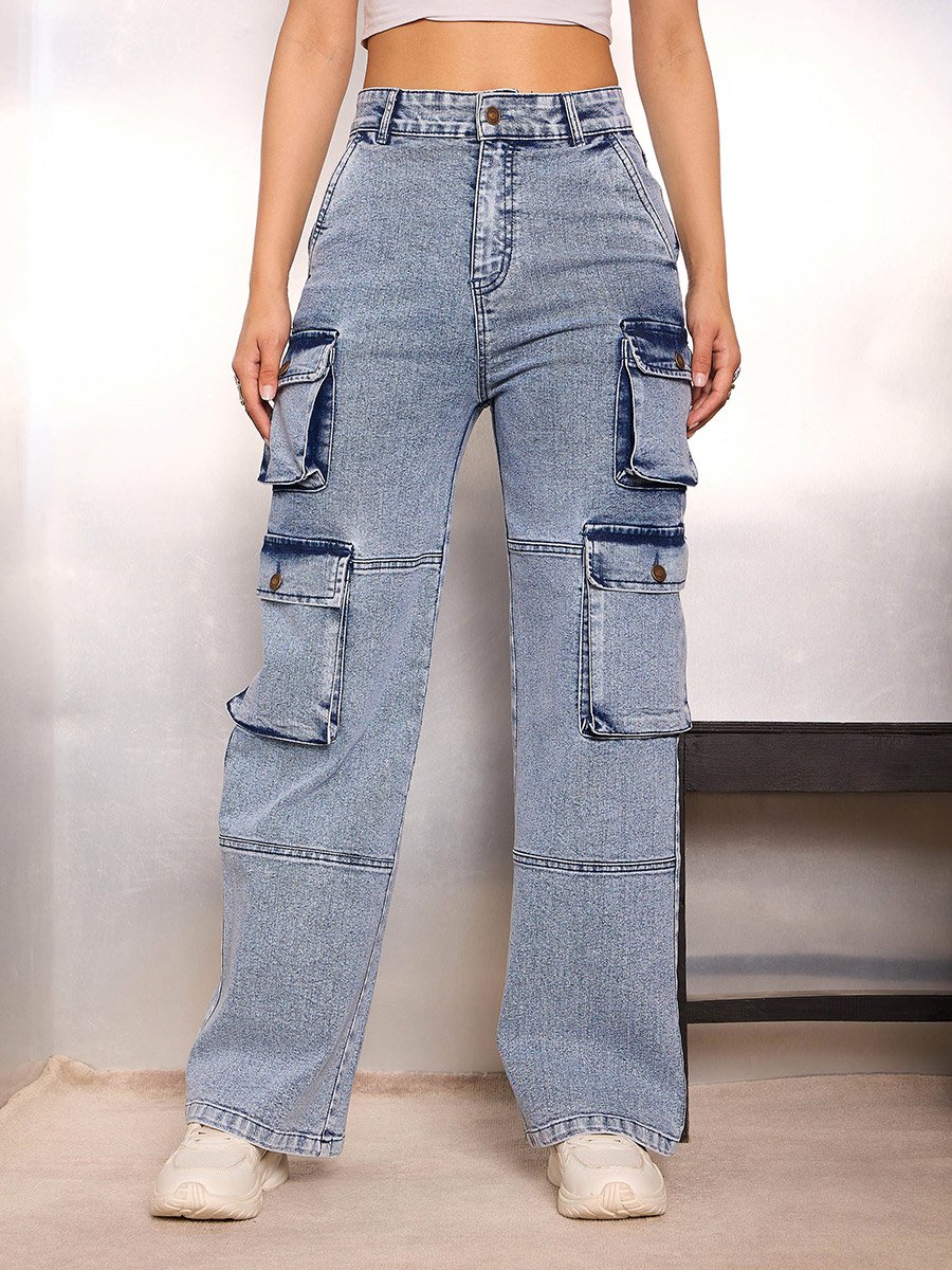 Blue High Rise Cargo Pocket Jeans