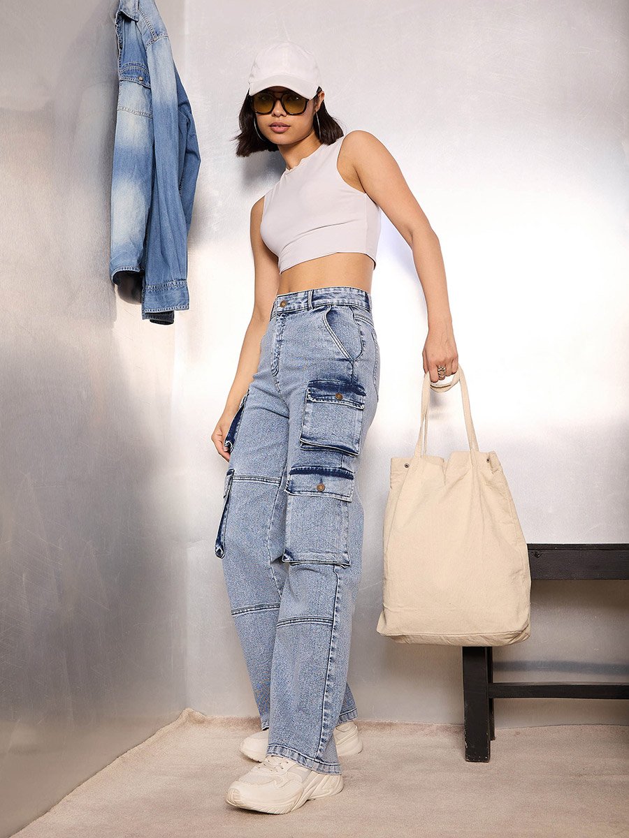 Blue High Rise Cargo Pocket Jeans