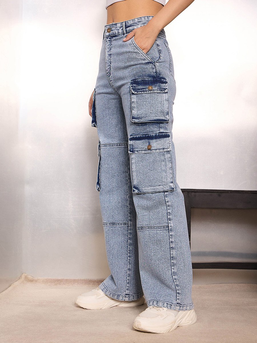 Blue High Rise Cargo Pocket Jeans