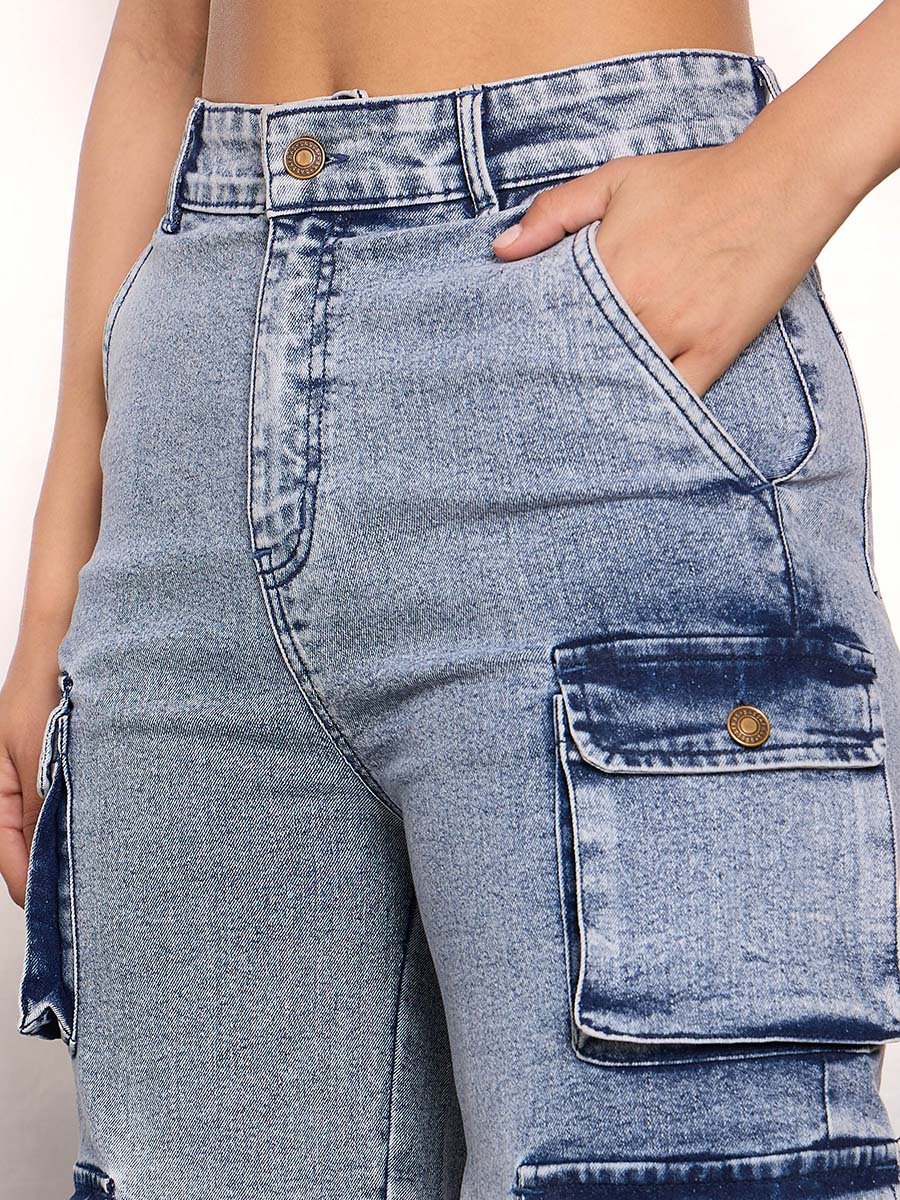 Blue High Rise Cargo Pocket Jeans