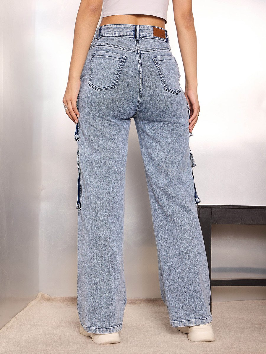 Blue High Rise Cargo Pocket Jeans